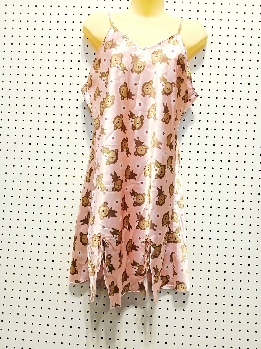 Girls' Pink Satin Monkey-Print Slip Nightgown with Spaghetti Straps